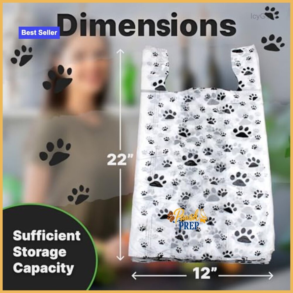 100 Pack Plastic T-Shirt Bags with Paw Print Design 22x12x7 - Picture 3 of 6